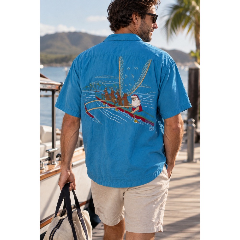 Tori Richard Santa Reindeer Canoe Embroidered Hawaiian Christmas Shirt Blue 3XL